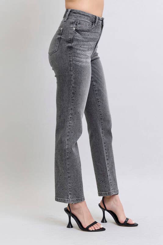 Judy Blue Jeans - HW Rhinestone Straight: Gry / 0(24)
