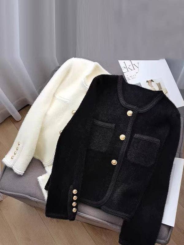 UZ Wholesale Store - Buttoned Velvet Long Sleeves Loose Cardigan: BLACK / One_size