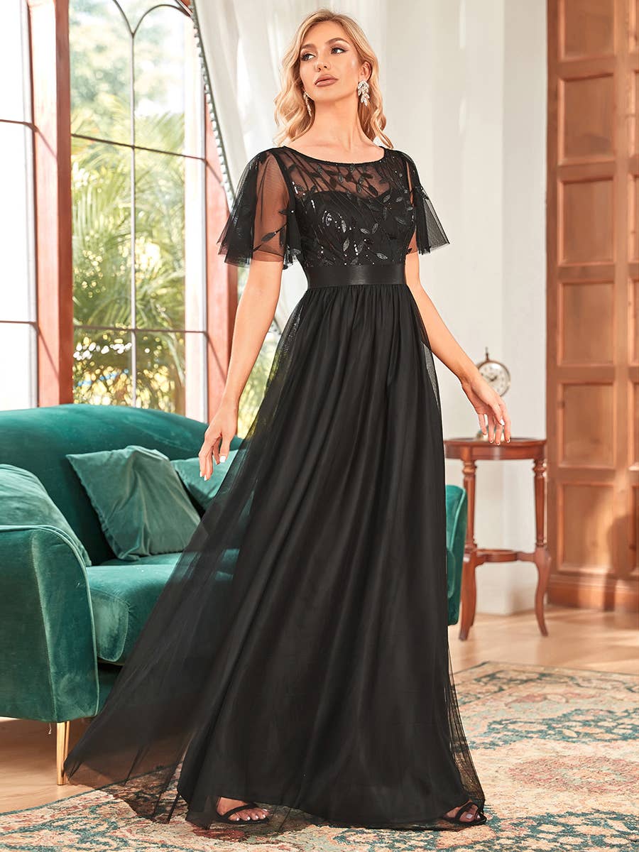 Ever-Pretty - Sequin Print Maxi Long Evening Dresses with Cap Sleeve: Dusty Navy / 14