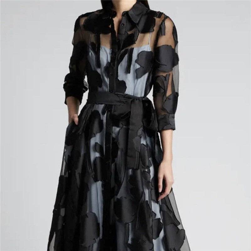 UZ Store-Semi-Transparent Long Sleeves Midi Dress: BLACK