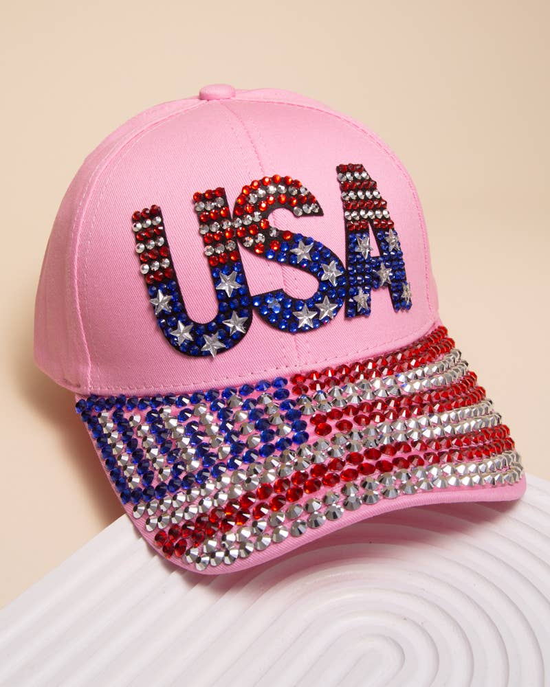 SP Sophia Collection - American "USA" Flag Rhinestone Embellished Baseball Cap: Red