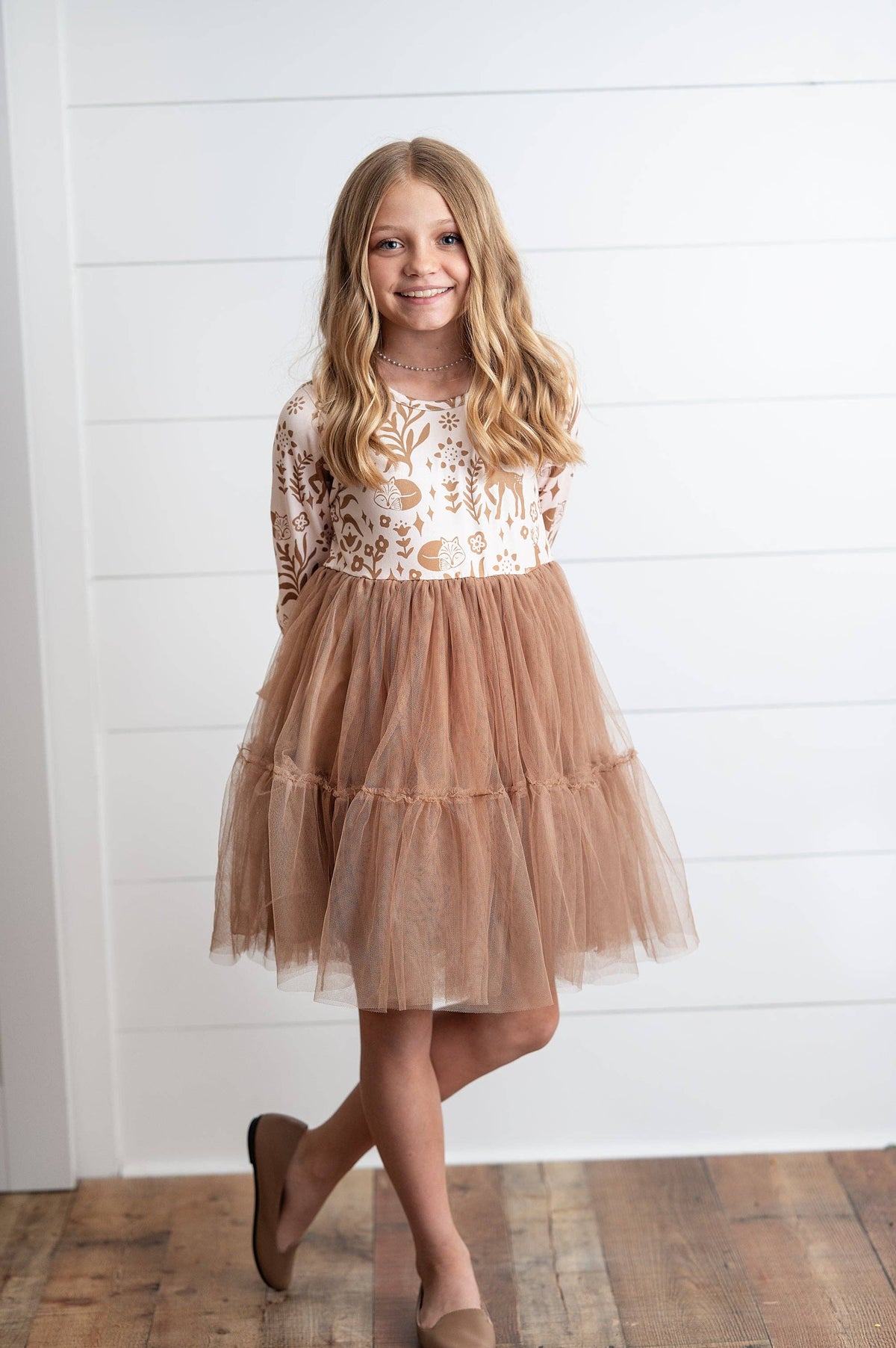 Oopsie Daisy - Kids Fall Winter Woodland Deer Tulle Ruffle Sleeve Dress: 7/8