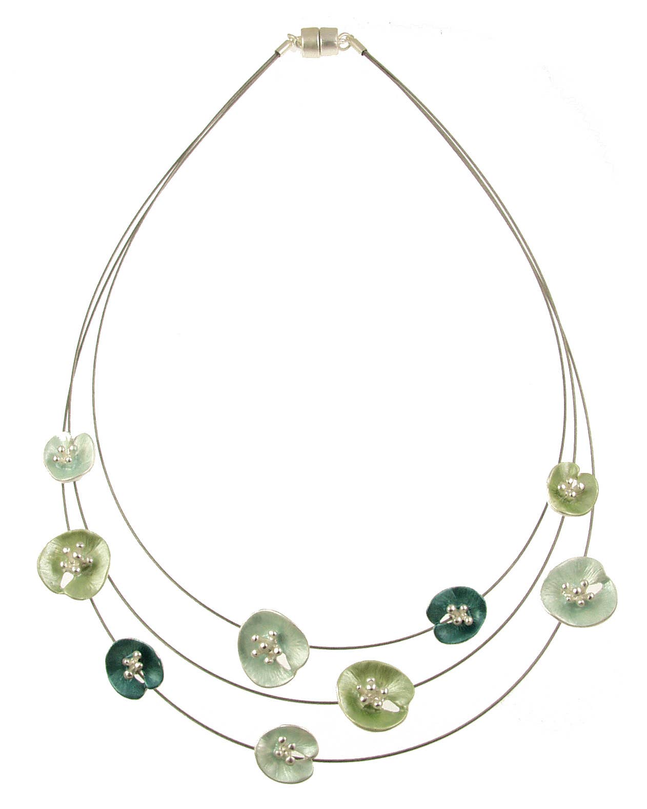 Origin Jewelry - Floral Lilypad Necklace, Three Strands, 18", Magnetic Clasp: Gr Gold