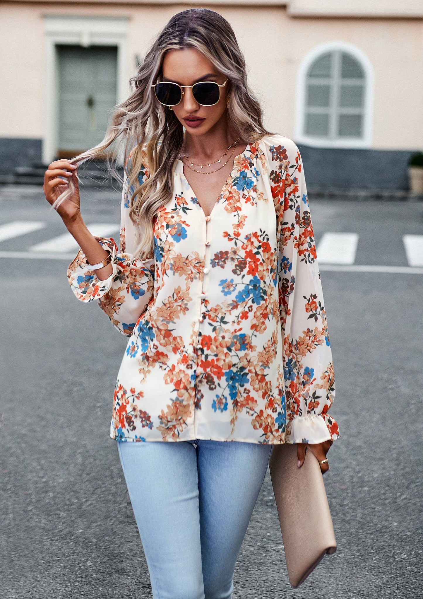 ePretty - Floral Button Down Long Sleeve Blouse SZ25-TP32012: Beige / XL