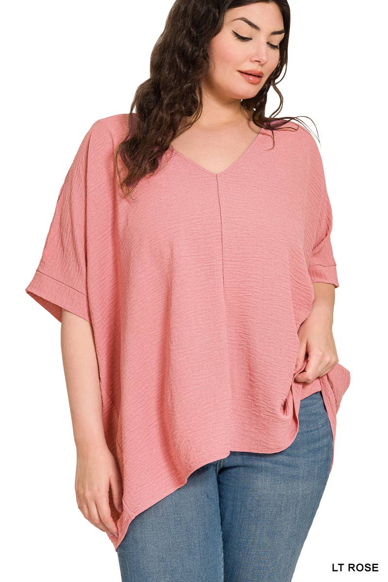 42POPS - PLUS SIZE WOVEN AIRFLOW V-NECK DOLMAN SHORT SLEEVE TOP: BLACK-152213 / 1X