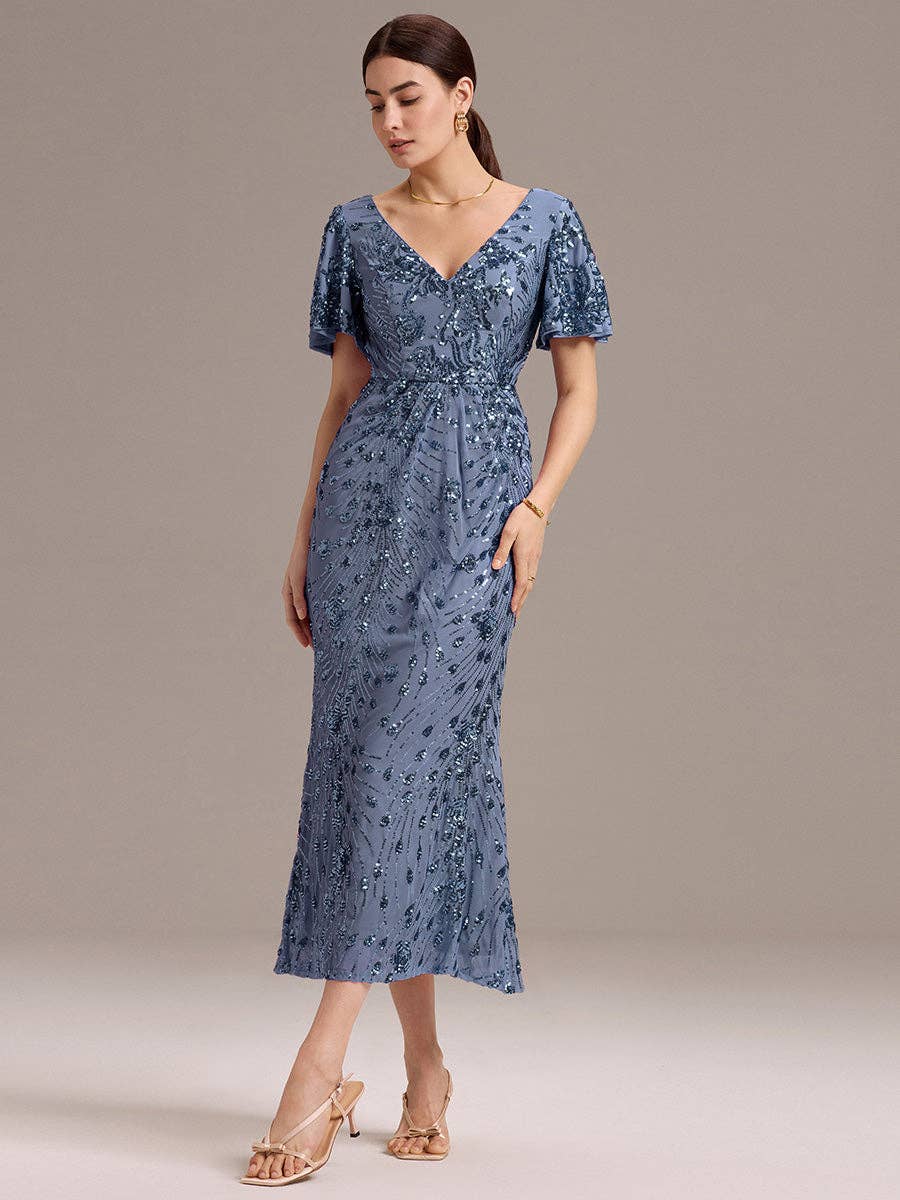 Ever-Pretty - Strapless Deep Fishtail Paillette Midi Evening Dresses: Sapphire Blue / 22