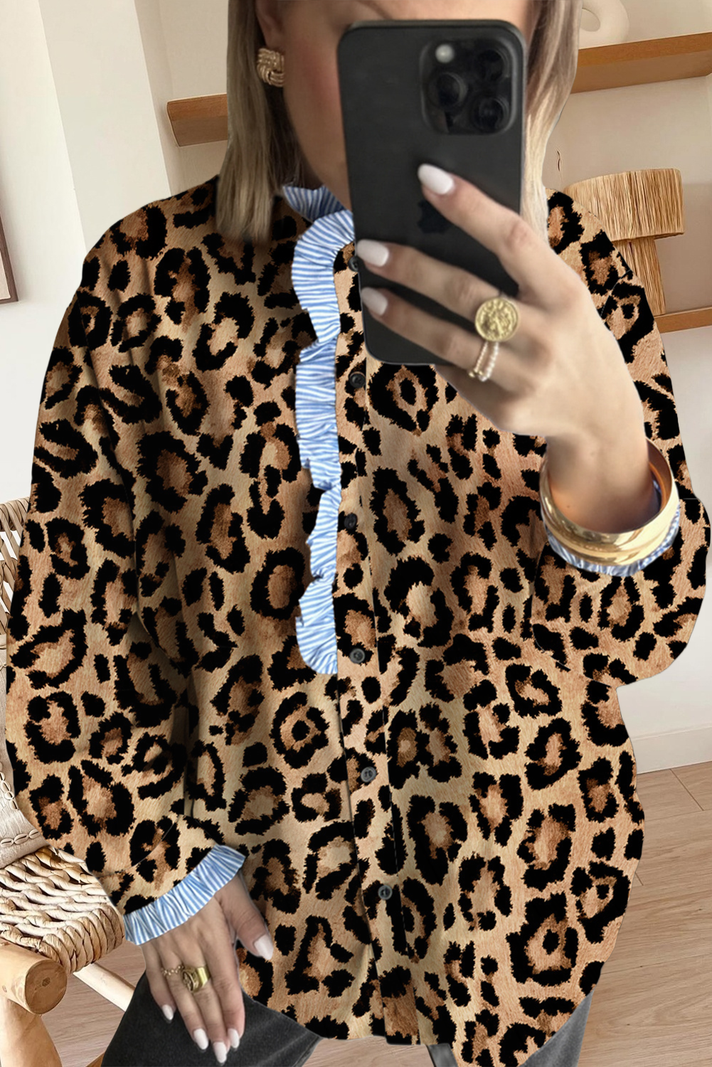 66DISCO - Leopard Print Stripe Frilled Mock Neck Shirt (S-XL): Brown / Missy / M