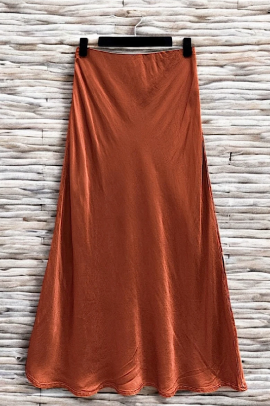 LOOWIE - ESS Italian Viscose Satin Bias-Cut Midi Skirt - 18 Colors: Rust