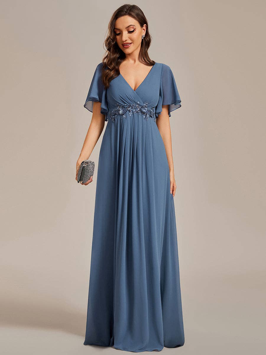 Ever-Pretty - V Neck Appliques Pleated Bridesmaid Dress: Burgundy / 12