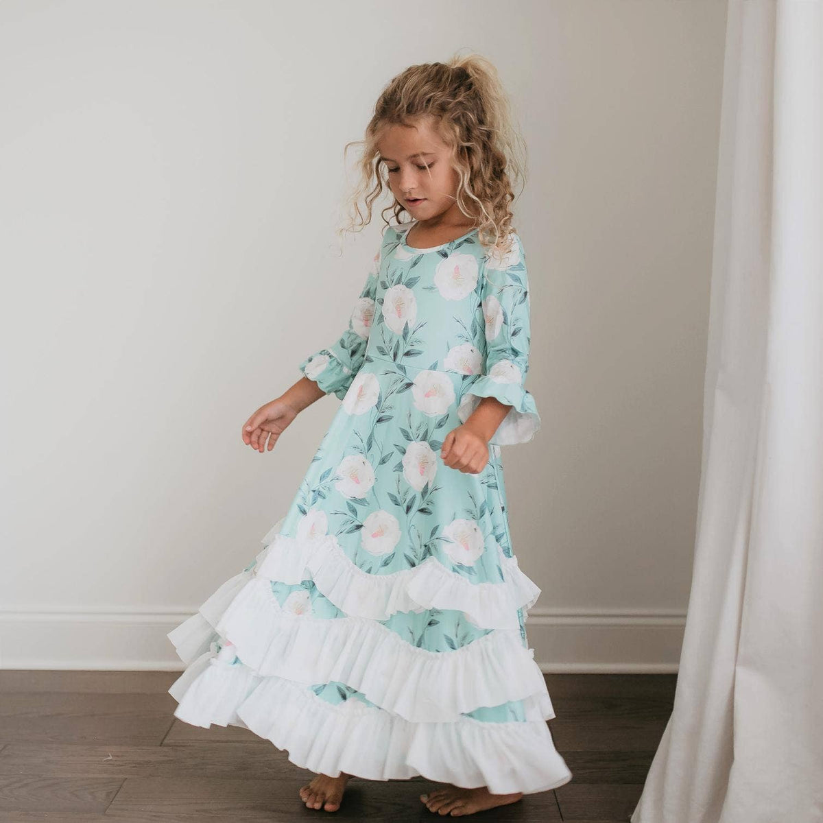 Oopsie Daisy - Kids Winter Mint Floral Long Sleeve Fall Ruffles Dress: 7/8