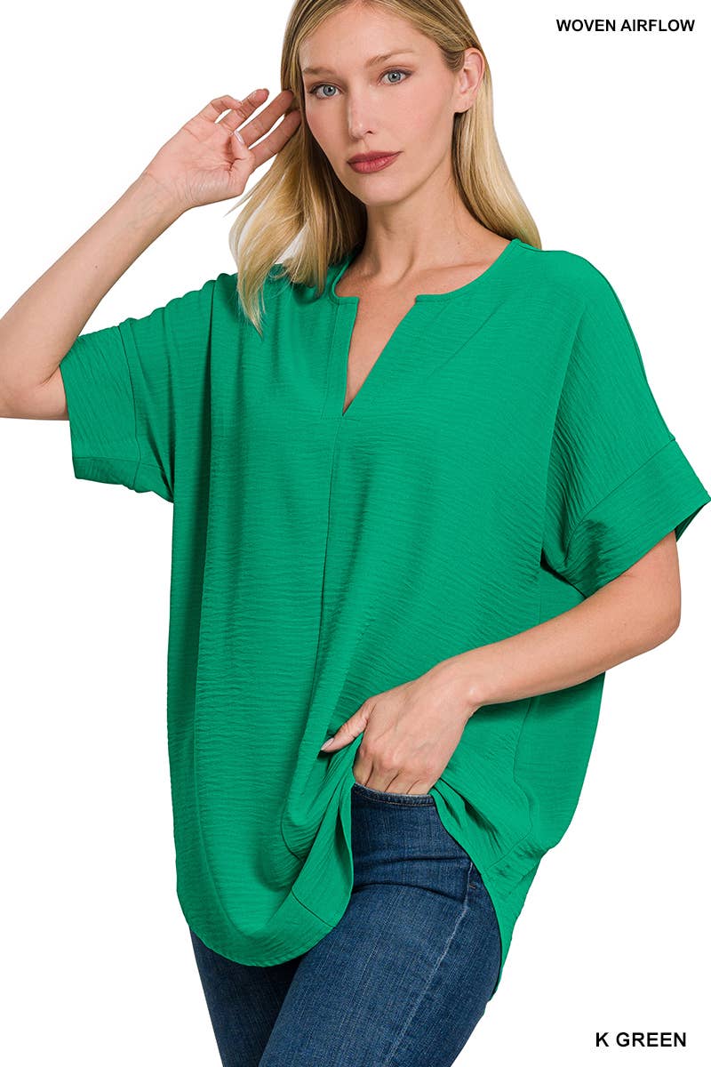 42POPS -Woven Airflow Split Neck Short Sleeve Top Fuschia