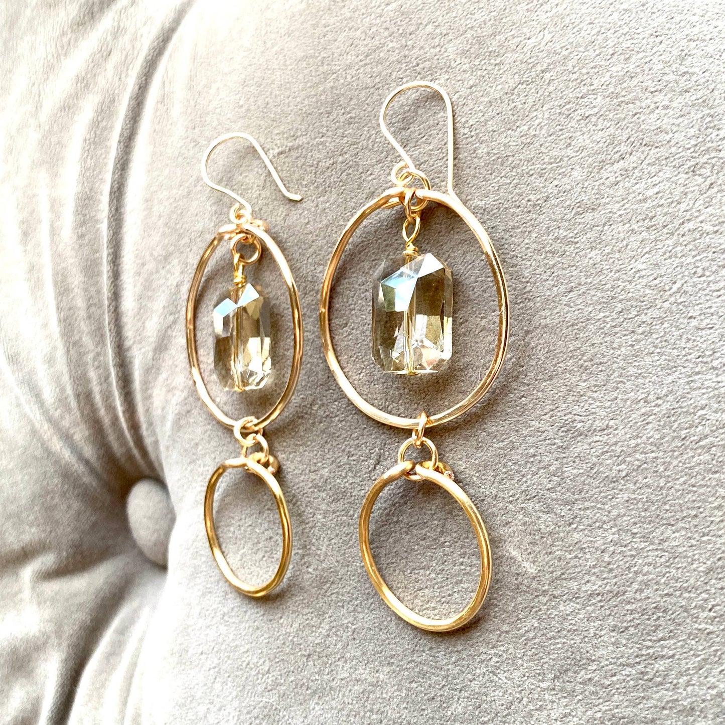 Marble Designs Jewelry - Gold Hammered Double Hoop Earrings with Champagne Crystal: Champagne
