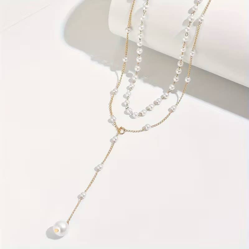 Syrrios Gifts LLC - Layered Pearl Necklace Women Gold Y Lariat Choker Dainty