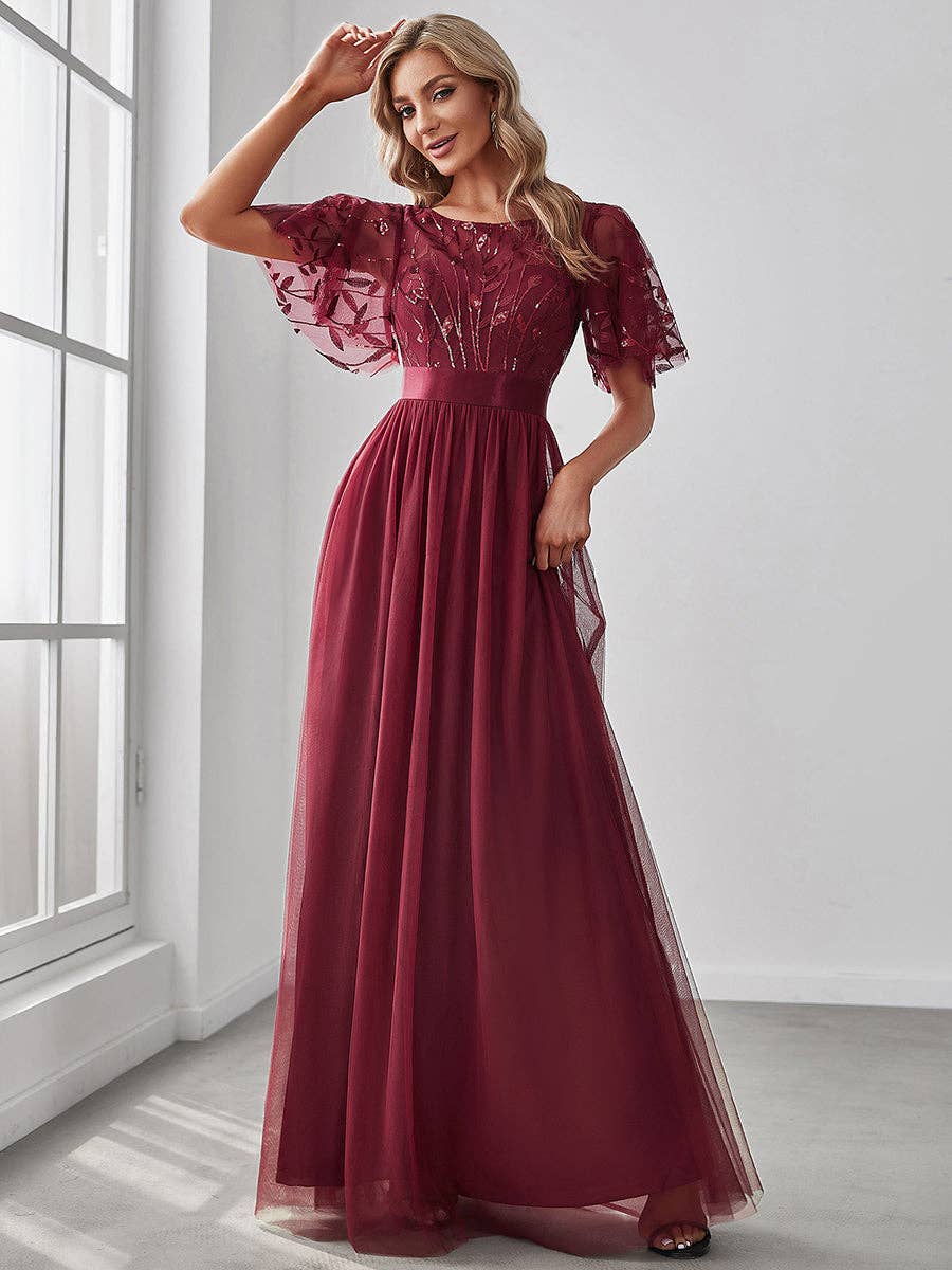 Ever-Pretty - Sequin Print Maxi Long Evening Dresses with Cap Sleeve: Dusty Navy / 16