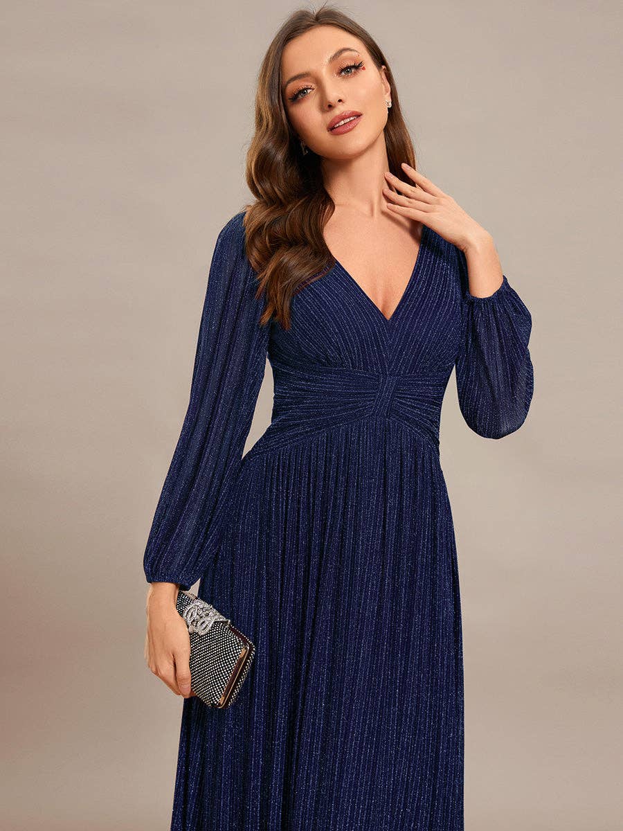 Ever-Pretty - Maxi Long Chiffon Waist V Neck Long Sleeves Evening Dress: Burgundy / 14