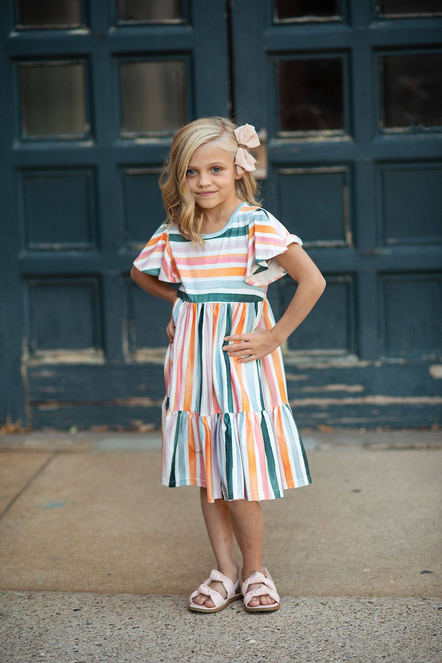 Oopsie Daisy - Kids Boho Rainbow Stripe Spring Easter Flutter Sleeve Dress: 7/8