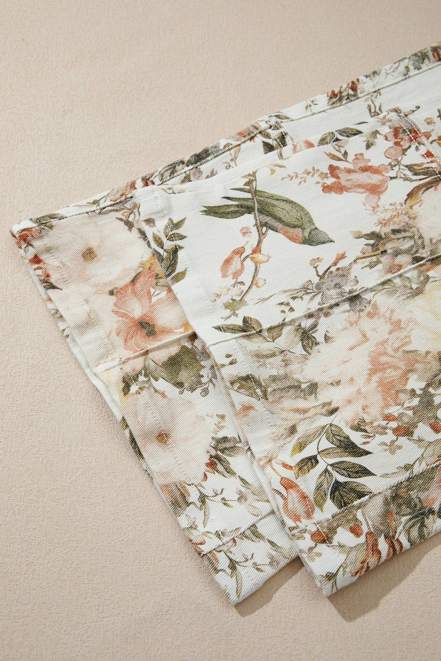 66DISCO - Floral Print High Waisted Wide Leg Denim Jeans: Beige