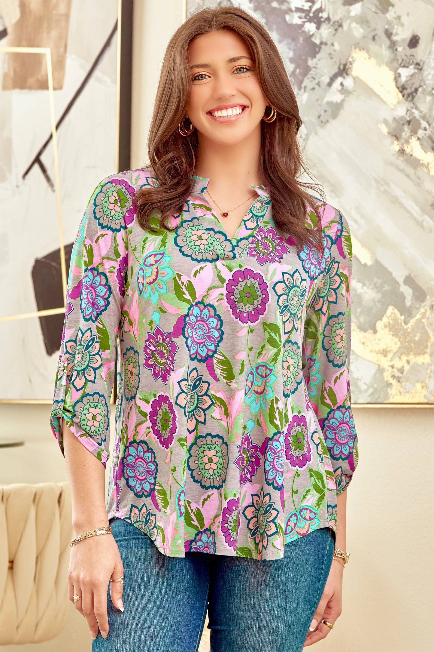 Dear Scarlett - Multicolor Wrinkle Free LIZZY Floral Top LIZZY-V0234: GREY MULTI / S