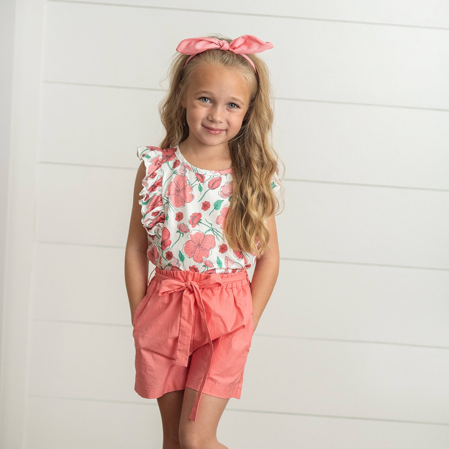 Oopsie Daisy - Kids Coral Pink Floral Ruffle Spring Summer Pocket Short Set: 5/6