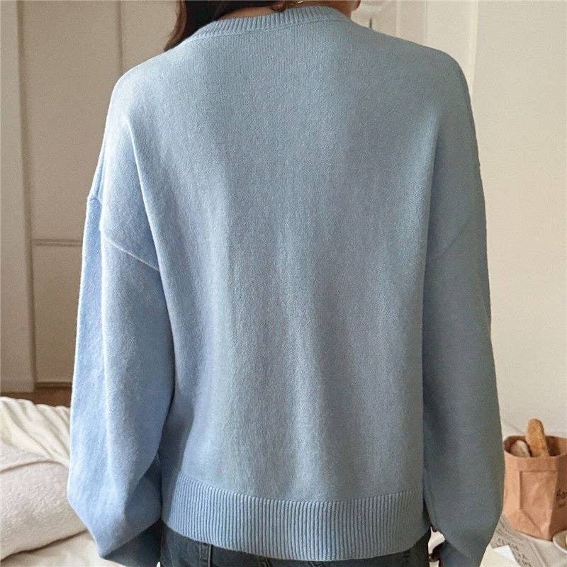 UZ Store V Neck Solid Color Long Sleeve Sweater: BABY BLUE