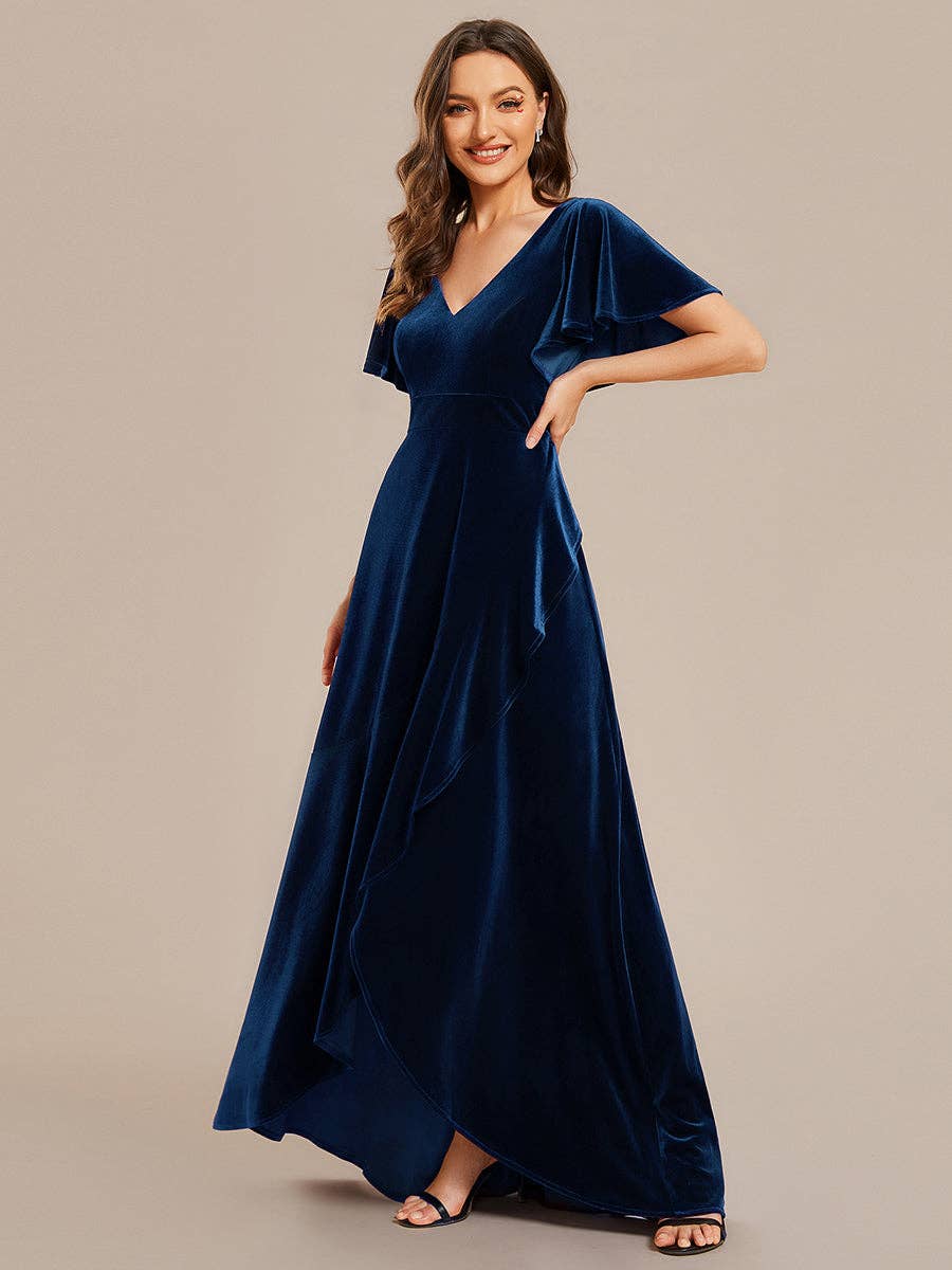 Ever-Pretty - High-low V Neck Evening Dress with Short Sleeves: Dark Purple