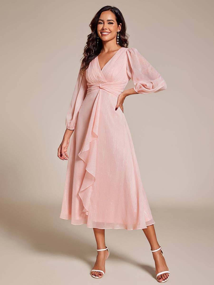 Ever-Pretty - Shiny Chiffon Wedding Guest Dress with Long Sleeve: Black / 12