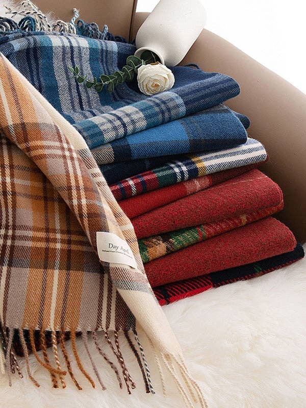 UZ Wholesale Store - Keep Warm Plaid Tasseled Shawl&Scarf: LIGHT BLUE / One_size