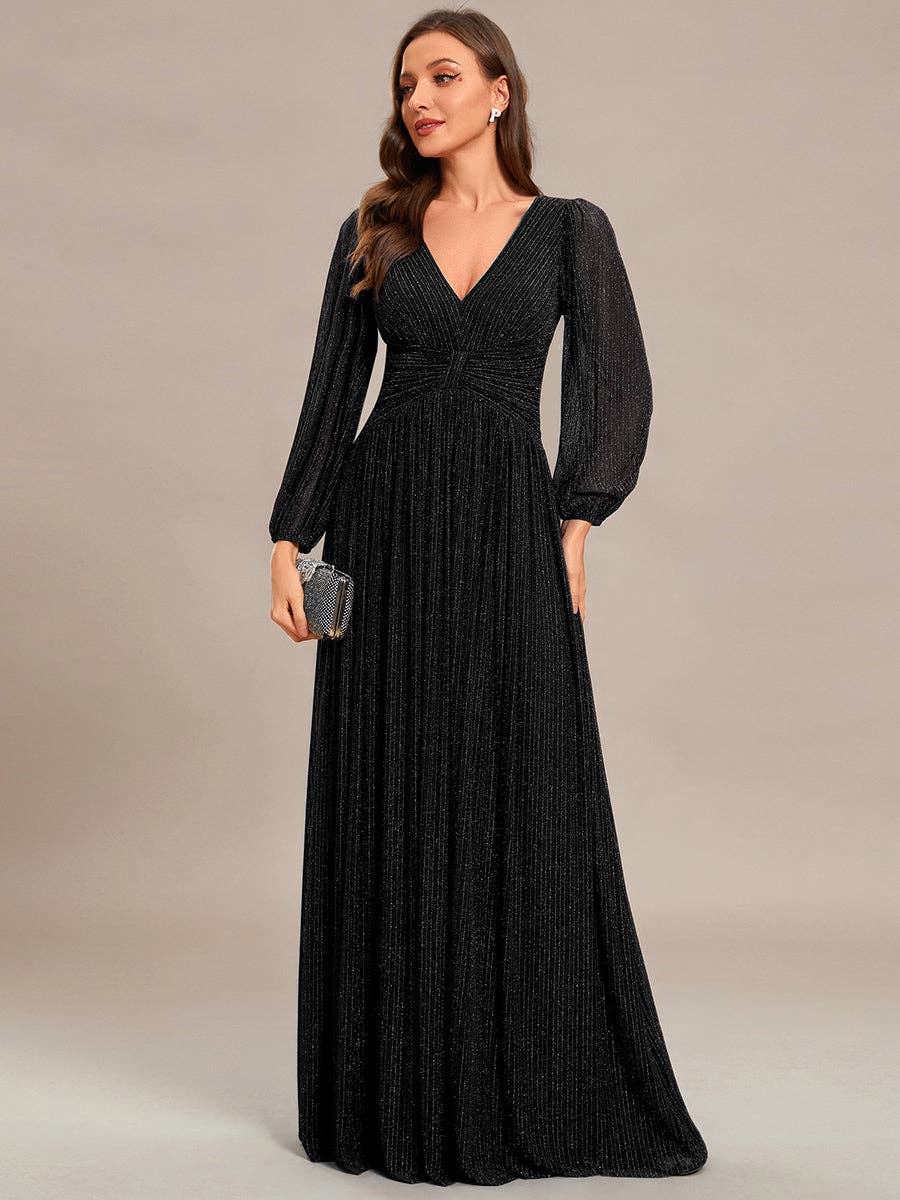 Ever-Pretty - Maxi Long Chiffon Waist V Neck Long Sleeves Evening Dress: Burgundy / 14