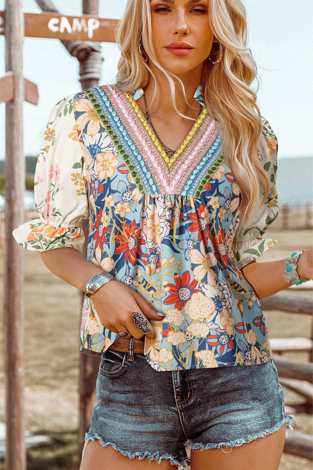 fashionworks - Crochet Boho Half Sleeve Floral Blouse-Missy & Plus Sizes