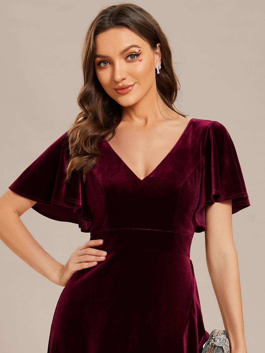 Ever-Pretty - High-low V Neck Evening Dress with Short Sleeves: Dark Purple