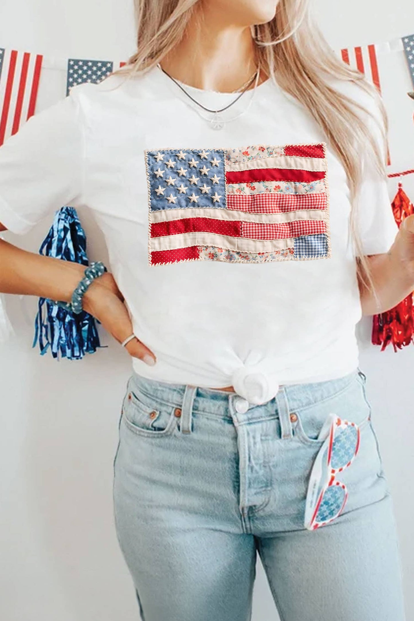66DISCO - Faux Patchwork Printed US Flag Casual Tee
