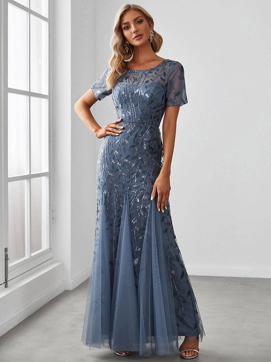 Ever-Pretty - Sequin Shiny Fishtail Tulle Dresses for Party: Dusty Navy / 14