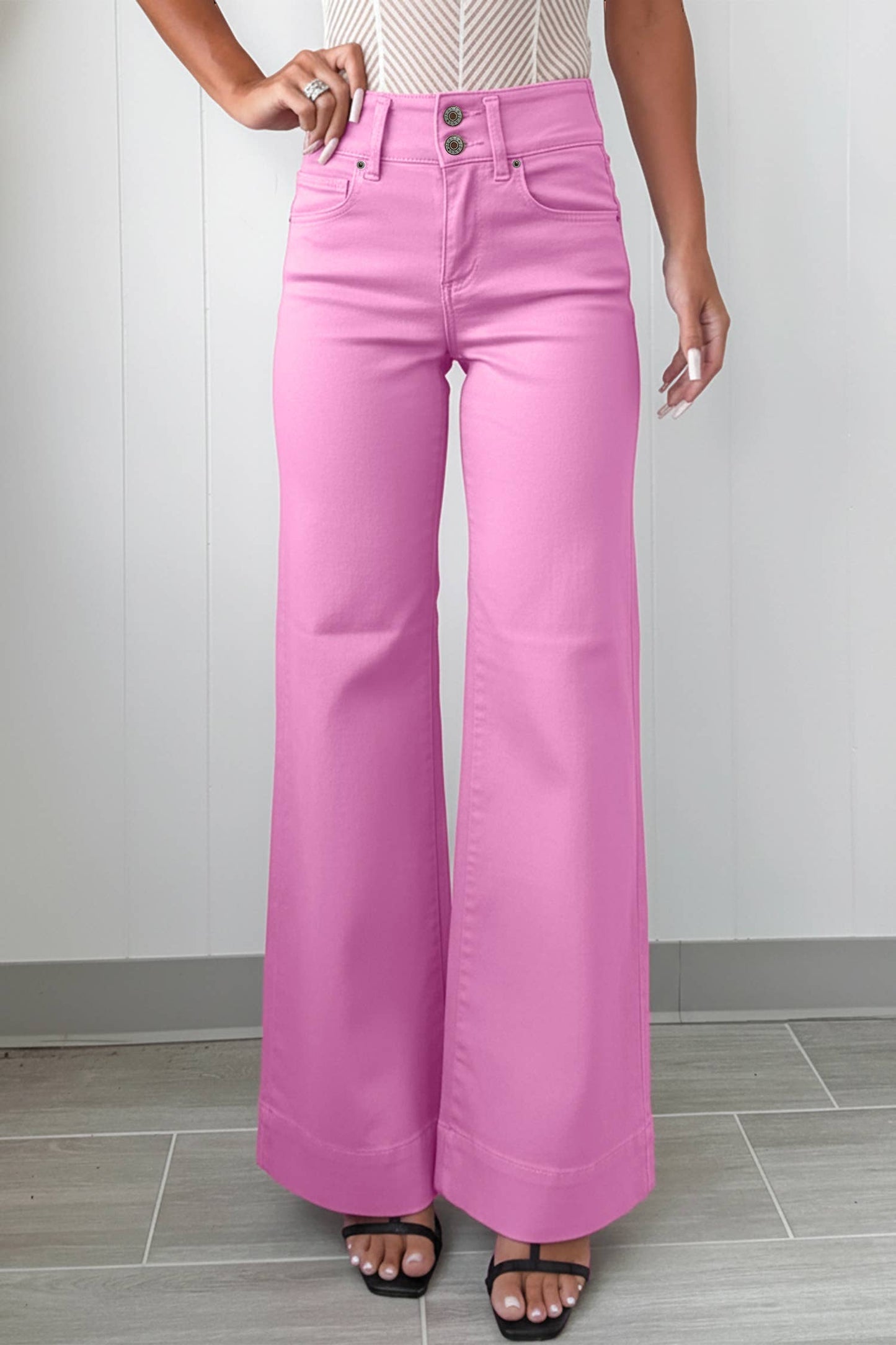 66DISCO - 66 Love 2-Button High Waist Flared Bottom Jeans: White / Missy Fit