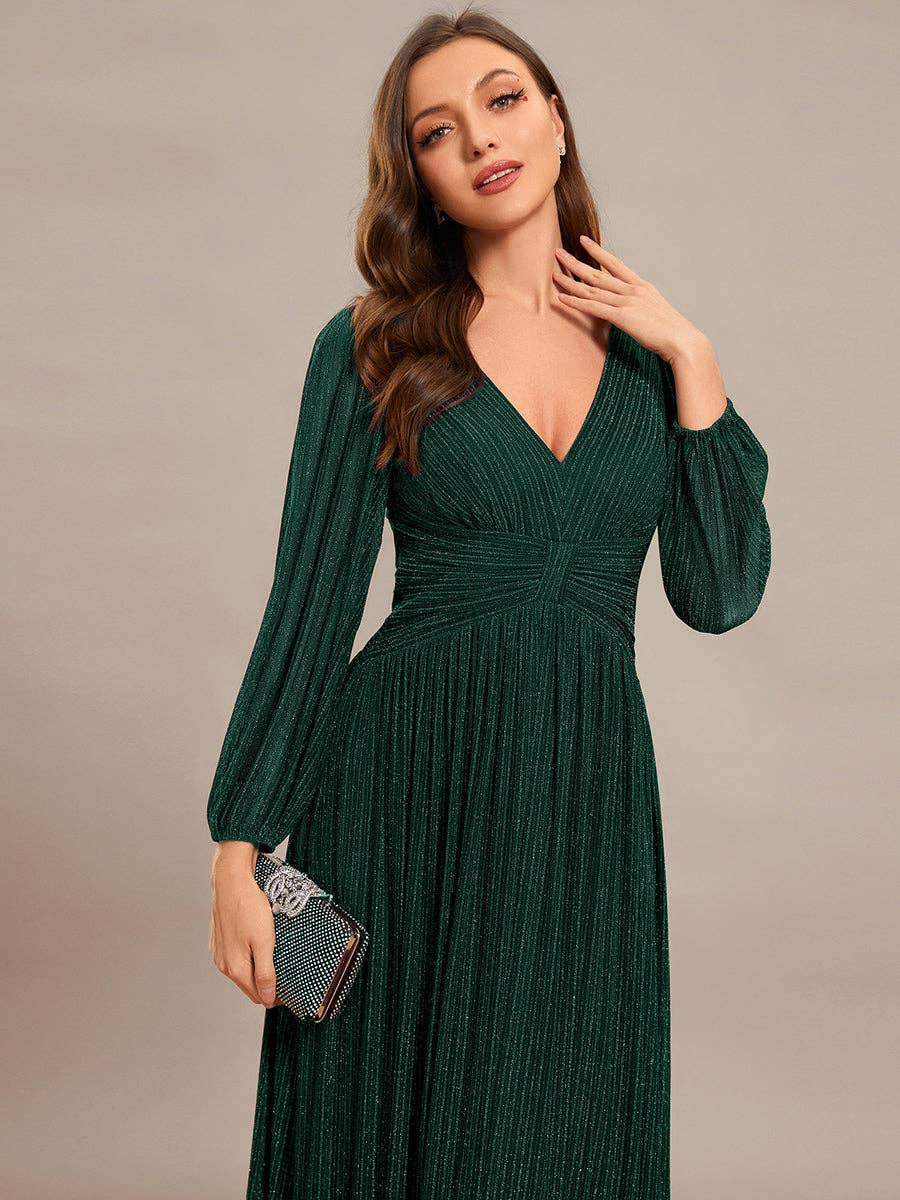 Ever-Pretty - Maxi Long Chiffon Waist V Neck Long Sleeves Evening Dress: Burgundy / 14