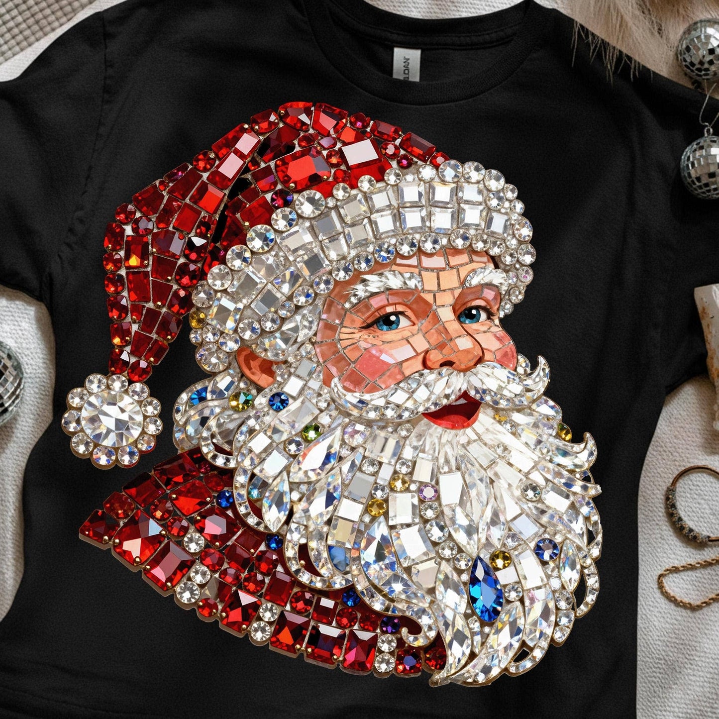 DLT Ecommerce - Faux Rhinestone Santa Shirt, Bling Christmas Sweatshirt: Black / L / Sweatshirt