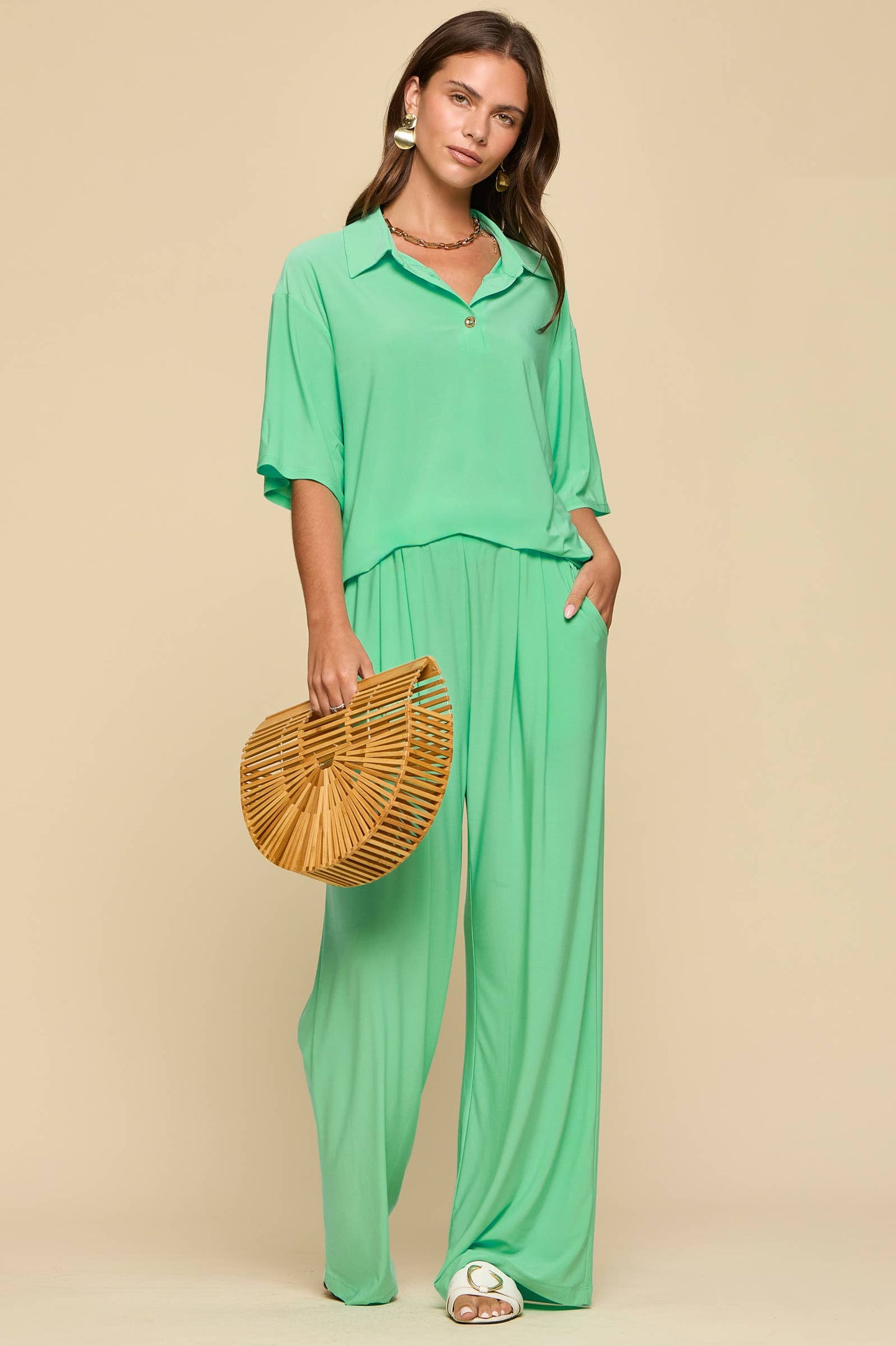 Dear Scarlett - 2-Piece Blouse + Relaxed Pants Resort Wear Set: BLACK / L