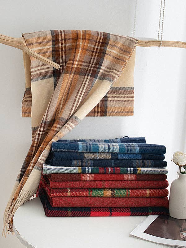 UZ Wholesale Store - Keep Warm Plaid Tasseled Shawl&Scarf: KHAKI / One_size