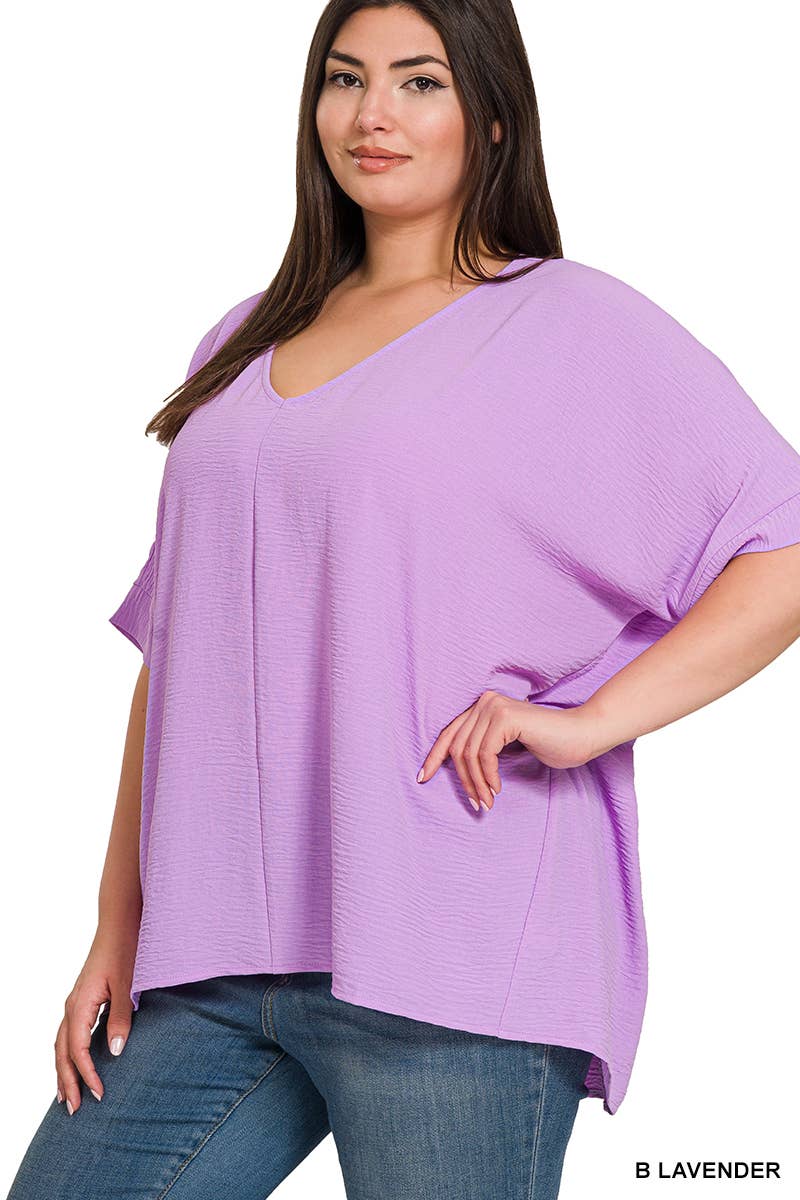 42POPS - PLUS SIZE WOVEN AIRFLOW V-NECK DOLMAN SHORT SLEEVE TOP: FUCHSIA-152206 / 2X