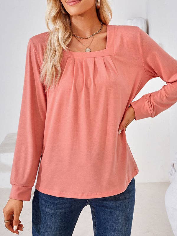 UZ Wholesale Store - Long Sleeves Loose Pleated Solid Color Square-Neck T-Shirts Tops: PINK / L