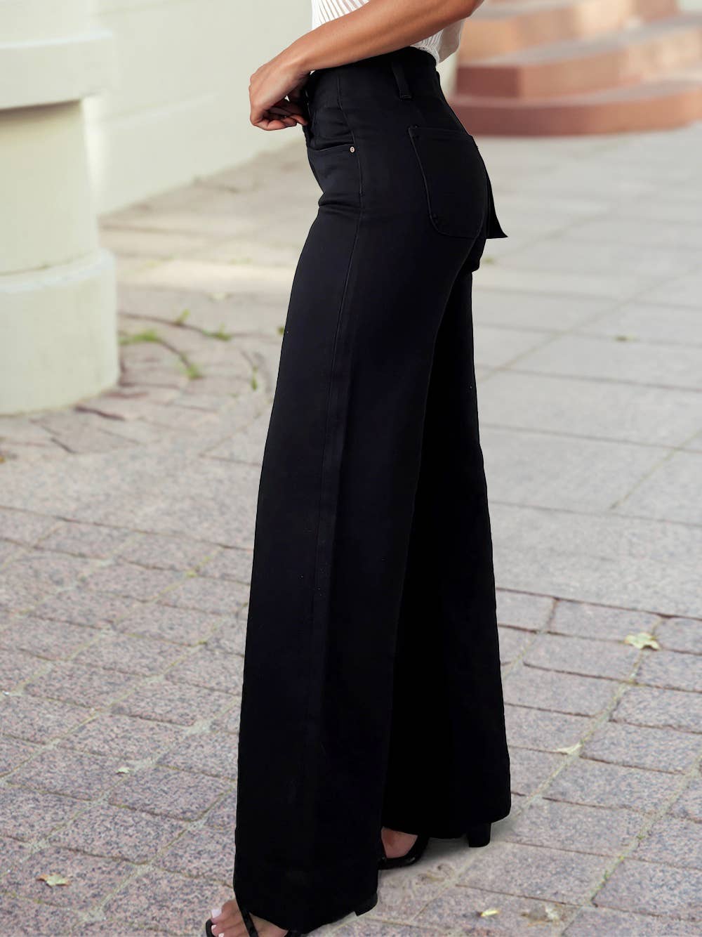 1 the Woman - High Waisted Double Button Wide Leg Elastic Denim Jeans: Black / 12