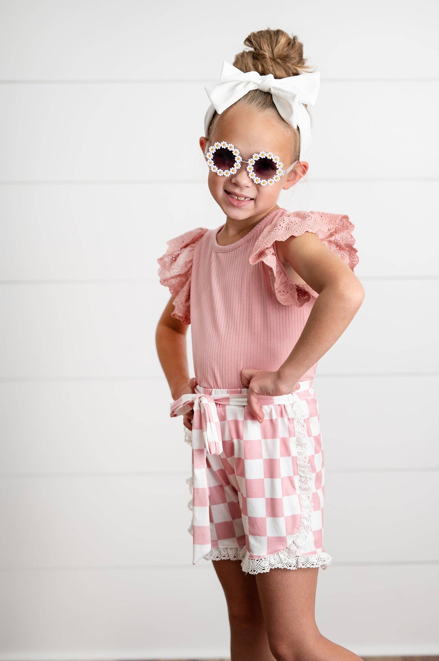Oopsie Daisy - Girls Pink Lace Checkered Spring Summer Ruffle Short Set: 7/8