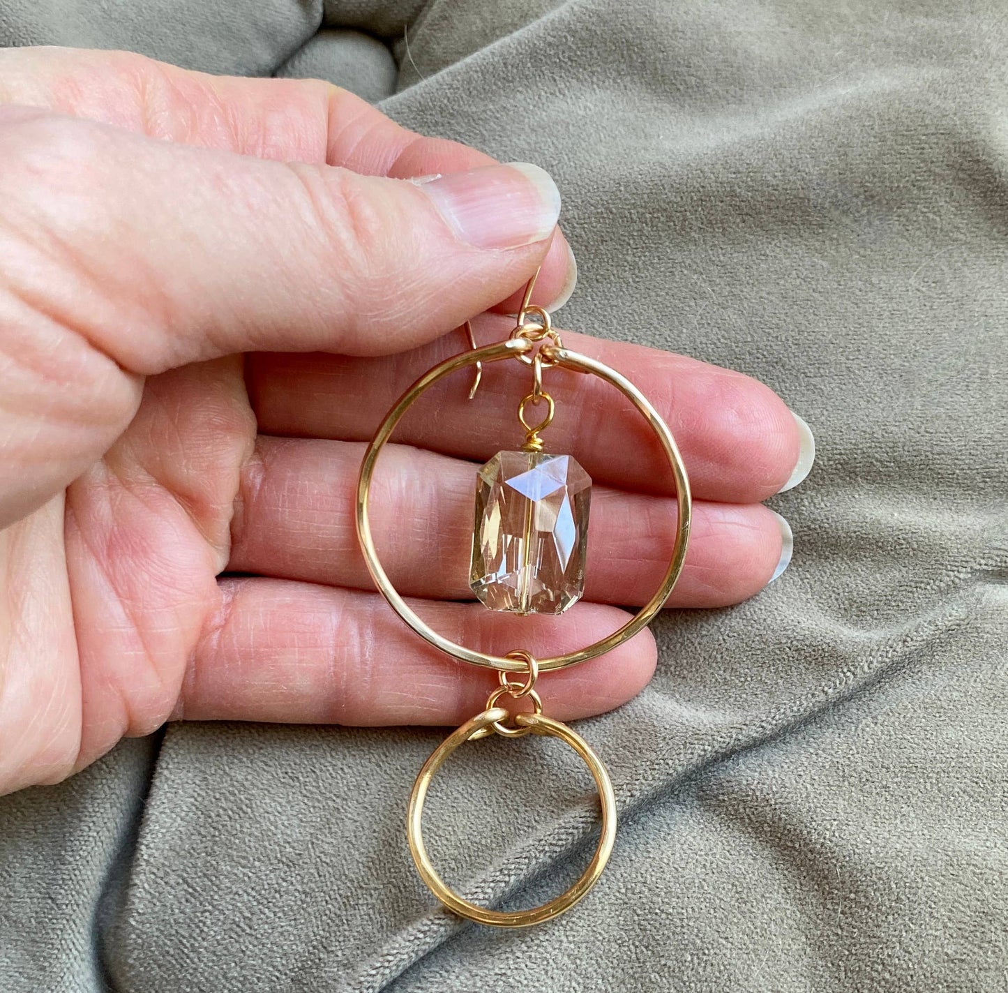 Marble Designs Jewelry - Gold Hammered Double Hoop Earrings with Champagne Crystal: Champagne