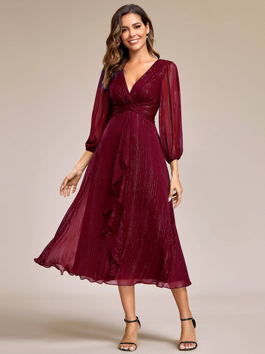 Ever-Pretty - Shiny Chiffon Wedding Guest Dress with Long Sleeve: Black / 12