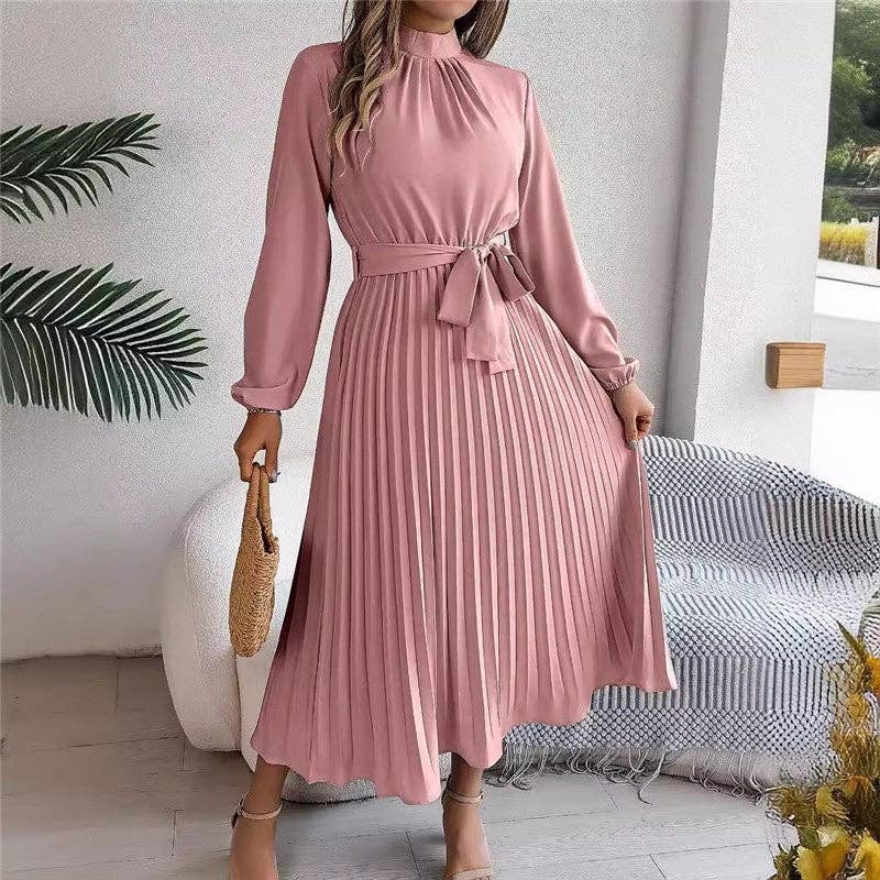 UZ Wholesale Store - Solid Color Stand Collar Long Sleeve Pleated Maxi Dress: BABY BLUE / XL