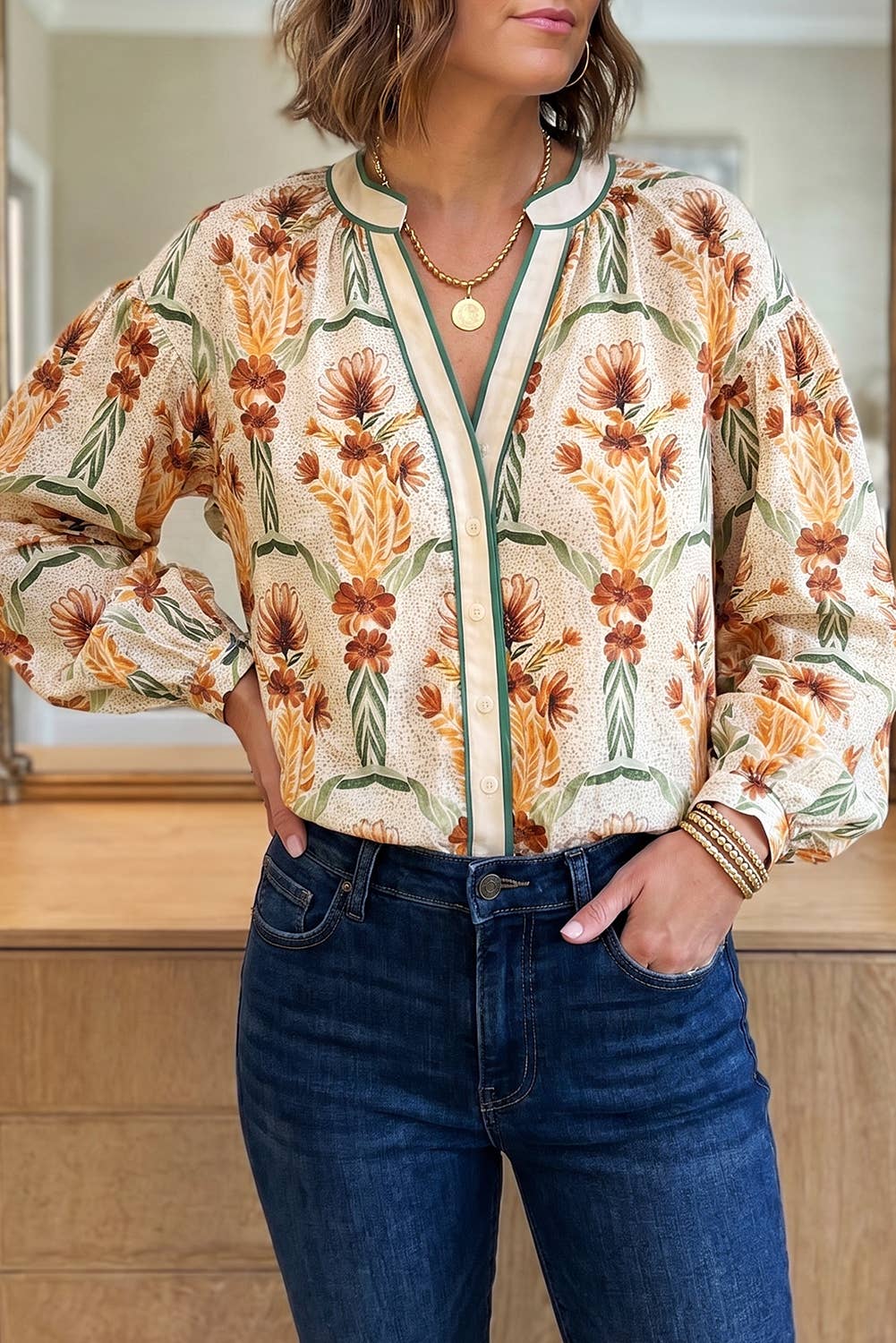 66DISCO - Floral Print V Neck Long Sleeve Shirt (S-XL): Yellow / XL