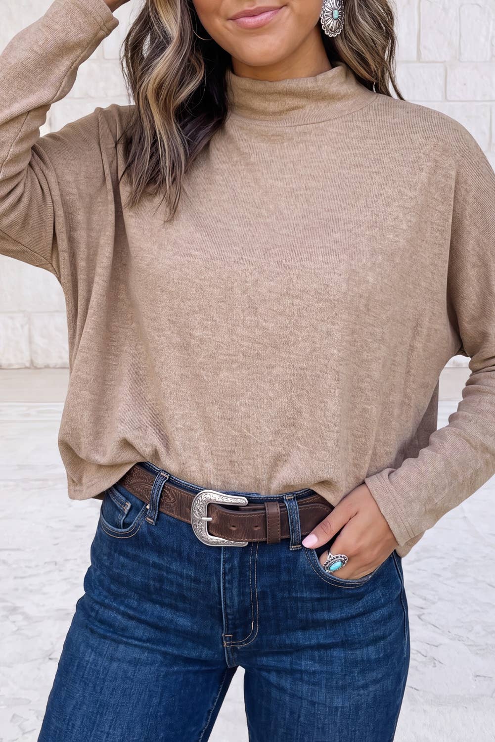 1 the Woman - Oversized Mock Neck Long Sleeve Layering Basic Blouse: Smoke Gray / M