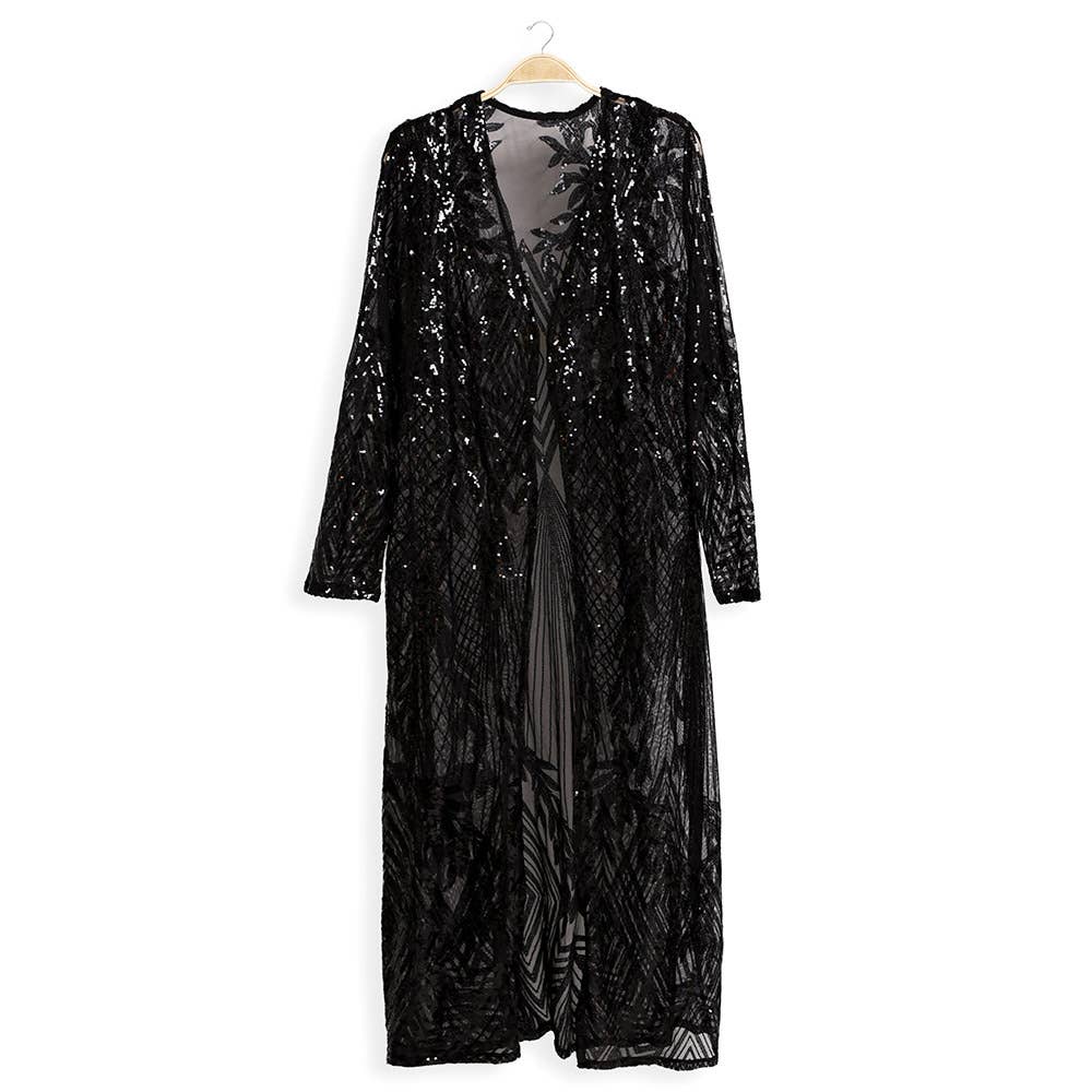 Sensibling Corp. - Leaves Pattern Sequin Long Cover-Up Kimono Poncho: Black