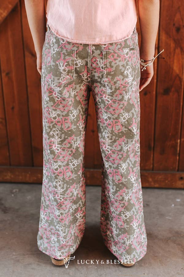 LUCKY & BLESSED -  Girls Camo Cattle Brand Printed High Rise Wide Leg Jeans:Sizes 5-14