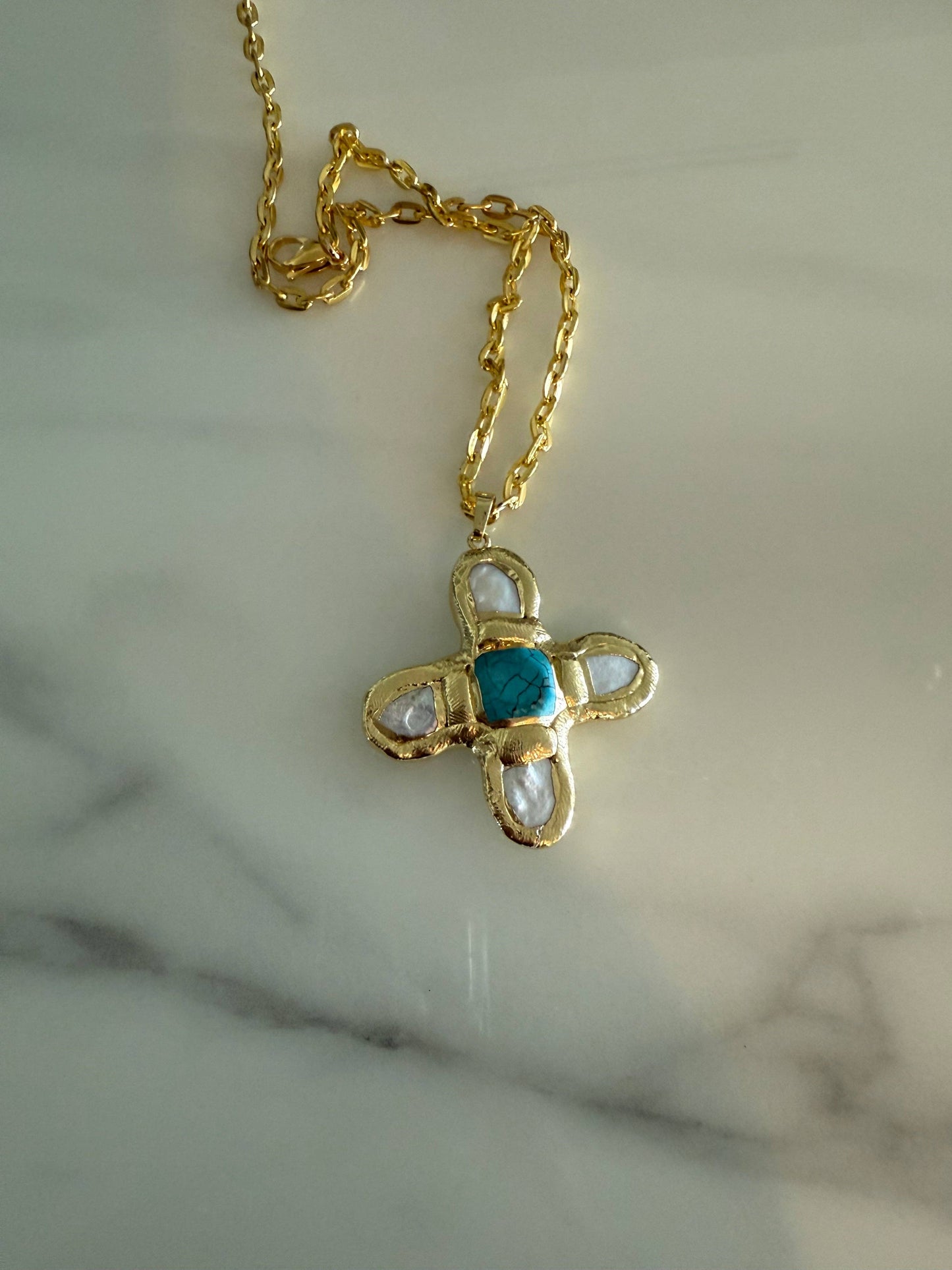 The Right Side Jewelry - Pearl and Turquoise Cross Pendant