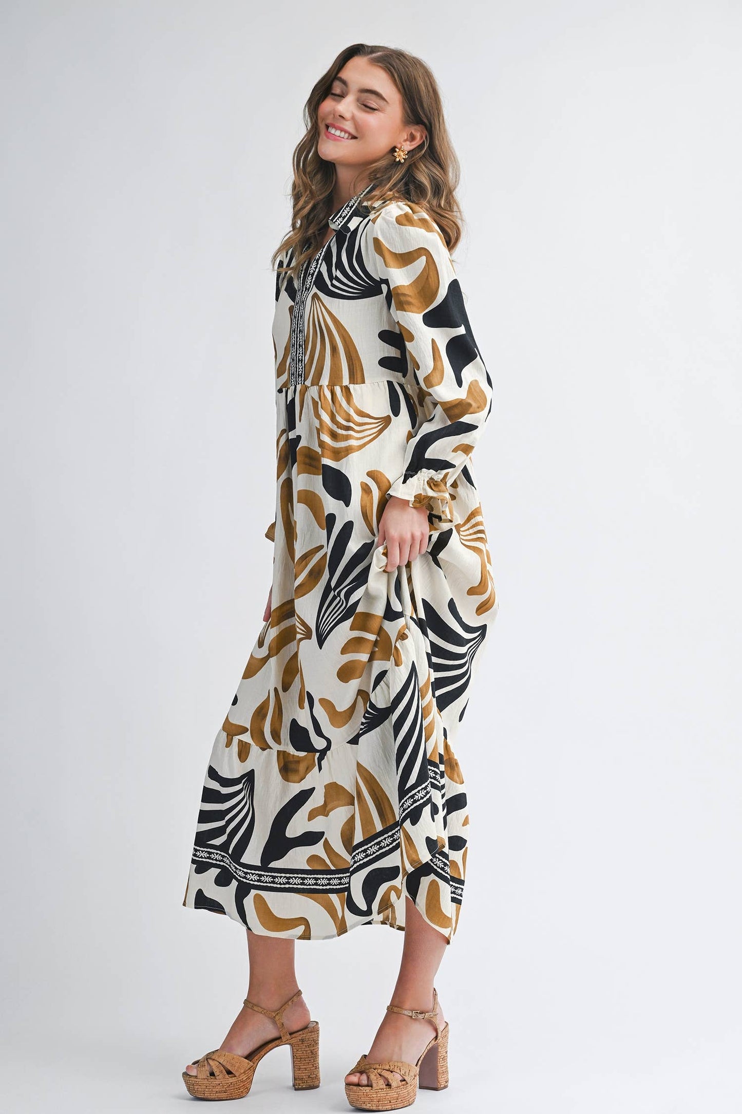 Aapparella - Abstract Long Sleeve Ruffle Hem Maxi Dress | S-XL